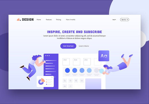 Purple and White Website Lading Page Layout with Character and App Illustrations 