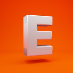 Whithe glossy 3d letter E uppercase on hot orange background. 3D rendering. Best for anniversary, birthday party, celebration.