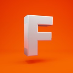 Obraz premium Whithe glossy 3d letter F uppercase on hot orange background. 3D rendering. Best for anniversary, birthday party, celebration.