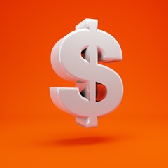 Whithe glossy 3d dollar symbol on hot orange background. 3D rendering. Best for anniversary, birthday party, celebration.