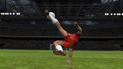 Back view of soccer player making half vole half overhead shoot 3d render