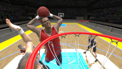 High jump and perfect strong dunk is happenning in front of fans in basketball arena 3d render © bekirevren