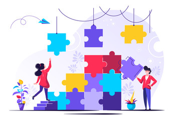 Business concept. Team metaphor. people connecting puzzle elements. Vector illustration flat design style. Symbol of teamwork, cooperation, partnership.