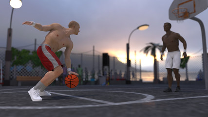One on one out door street basketball game players challenging each other 3d render