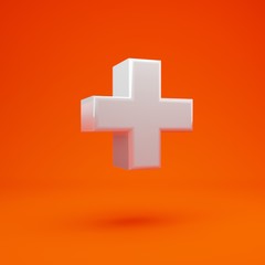 Whithe glossy 3d plus symbol on hot orange background. 3D rendering. Best for anniversary, birthday party, celebration. - obrazy, fototapety, plakaty