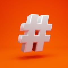 Whithe glossy 3d hashtag symbol on hot orange background. 3D rendering. Best for anniversary, birthday party, celebration.