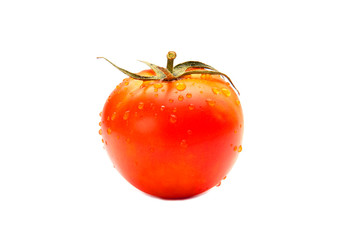 Single red tomato with water drops isolated on white background