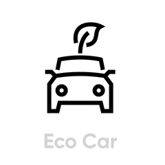 Eco Car icon with Leaf. Hybrid Vehicle, Eco Friendly Auto or Electric editable line