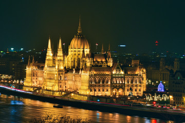 Hungarian Parliament illuminated at night in Budapest, Hungary