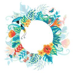 Summer tropical background with exotic paradise birds, palm leaves and hibiscus flowers. Vector floral background.