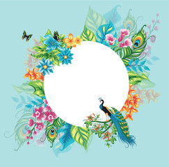 Summer tropical background banner with peacock, palm leaves and hibiscus flowers. Vector floral background.