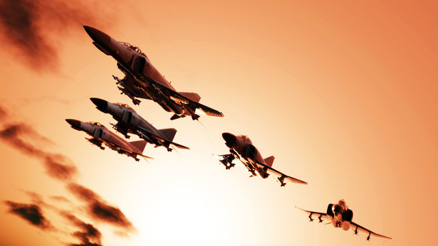 Early morning flying jets in flypast formation 3d render