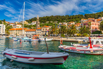 View at amazing archipelago with boats in front of town Hvar, Croatia. Harbor of old Adriatic...