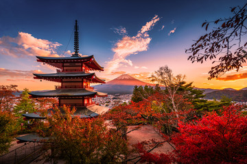 Mt. Fuji with Chureito Pagoda and red leaf in the autumn on sunset at Fujiyoshida, Japan.