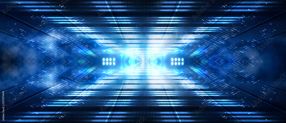 Wall mural background wall with neon lines and rays. background dark corridor with neon light. abstract backgro