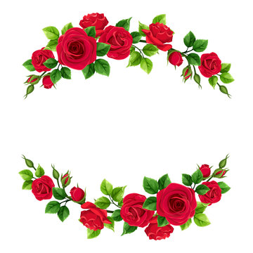 Vector Valentine&rsquo;s day frame with red roses and green leaves.