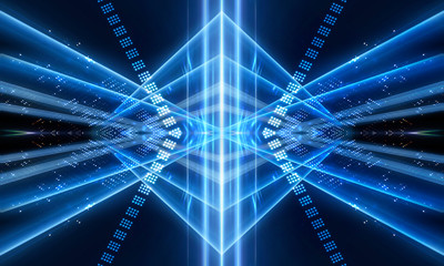 Background wall with neon lines and rays. Background dark corridor with neon light. Abstract background with lines and glow. Neon