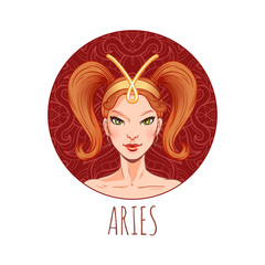 Aries zodiac sign artwork, beautiful girl face, horoscope symbol, star sign, vector illustration
