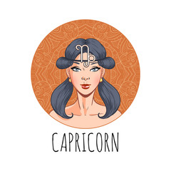 Capricorn zodiac sign artwork, beautiful girl face, horoscope symbol, star sign, vector illustration