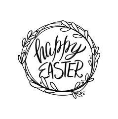 Digital contour linear illustration with handwritten inscription Happy Easter in a frame of twigs and berries. Print for cards, banners, posters, invitations, web design.
