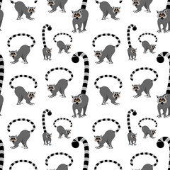 Seamless pattern with cute lemurs isolated on white background. Flat vector illustration.