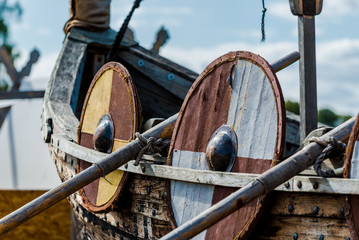 Wooden viking snekkja longship type, close-up, Finland