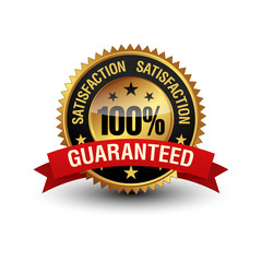 Very powerful golden color 100% satisfaction guaranteed badge with red ribbon on top. Isolated on white background.