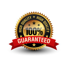 Very powerful golden color 100% high quality guaranteed badge with red ribbon on top. Isolated on white background.