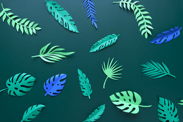 Fototapeta na wymiar tropical leaves cut from paper on green background.