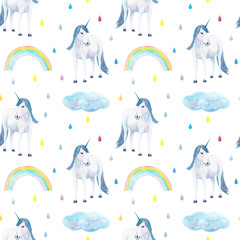 Watercolor hand drawn seamless pattern with cute unicorn, rainbow, clouds and multi colored rain drops isolated on white background. Good for fabric, card, wrapping paper, wallpaper etc.