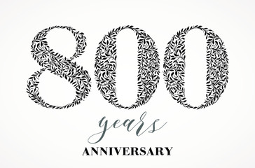 Vector isolated anniversary date logo template for business company birthday icon design element. Eight hundred abstract sign. Happy jubilee, 800 years.