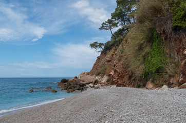 The sea coast with steep rock, stones and pines on a rocky slope against the cloudy sky