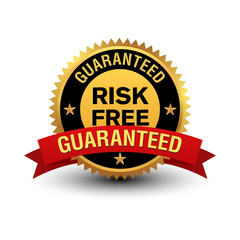 Powerful risk free guaranteed badge with red ribbon.