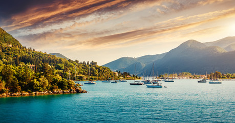 Wonderful sunny seascape with colorful sky during sunset. Ionian sea. Greece © jenyateua
