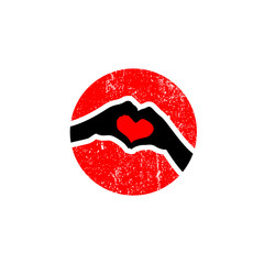 Heart created with hands. Hands gesture symbolize love. Hands in red circle grunge.