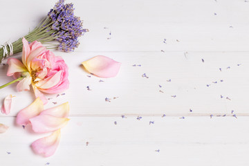Bunch of lavender flowers and pink rose, banner, spa, beauty concept