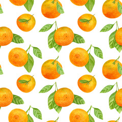 Watercolor tangerine seamless pattern. Hand drawn botanical illustration of mandarin fruits with leaves. Citrus plants isolated on white background for design, textile, package, wrapping