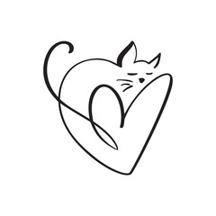 Heart and cat love logo sign. Design flourish element for valentine card. Vector illustration. Romantic symbol wedding. Template for t shirt, banner, poster