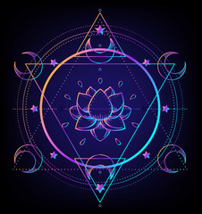 Sacred Geometry and Boo symbol set. Ayurveda sign of harmony and balance. Tattoo design, yoga logo. poster, t-shirt textile. Colorful rainbow gradient over black.