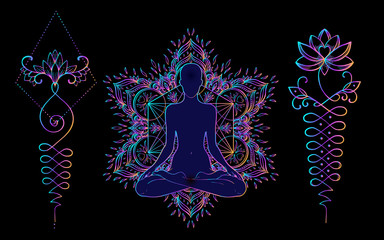 Sacred Geometry and Boo symbol set. Ayurveda sign of harmony and balance. Tattoo design, yoga logo. poster, t-shirt textile. Colorful rainbow gradient over black.