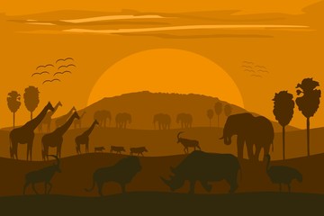 Vector illustration: classic African landscape with wild animals and Kilimanjaro.