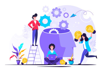 Vector creative illustration of business graphics, the company is engaged in joint search for ideas, abstract person's head, filled with ideas of thought and analytics, replacing old with new Vecto