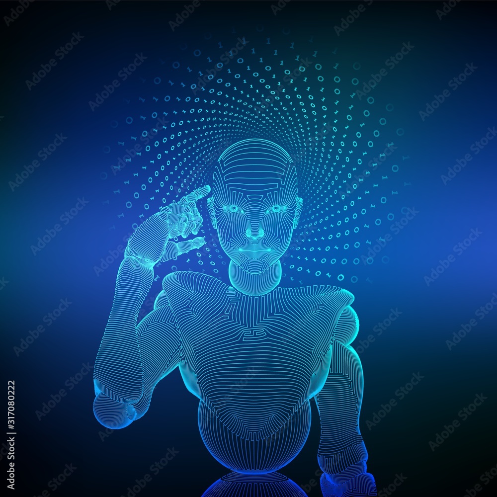Aufkleber abstract wireframe female cyborg or robot holds a finger near the head and thinks or computes using 