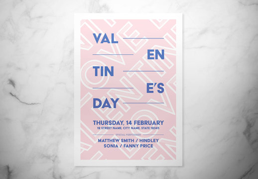 Valentine's Day Event Flyer Layout with Pink and Blue Text Elements