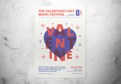 Valentine's Day Music Event Flyer Layout with Retro Style Illustrations