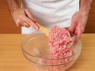Obraz na płótnie Canvas Mixing Meat and Onion. Making Stuffing. Preparation Meat Dumplings.
