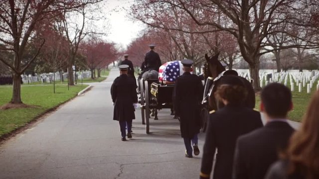 Military Funeral Procession Follow Horse Drawn Hearse for Veteran