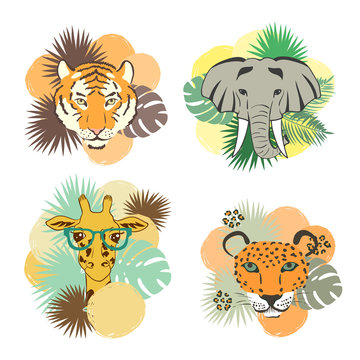Set of wild animals - elephant, tiger, giraffe and leopard. African safari illustration.