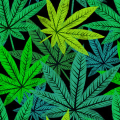 Seamless pattern with marijuana leaves in dark green color.