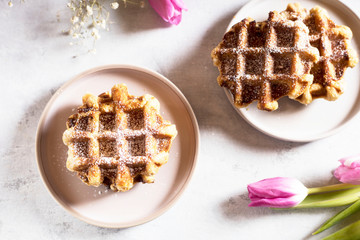 Homemade delicious waffles with icing sugar and flowers on white background 